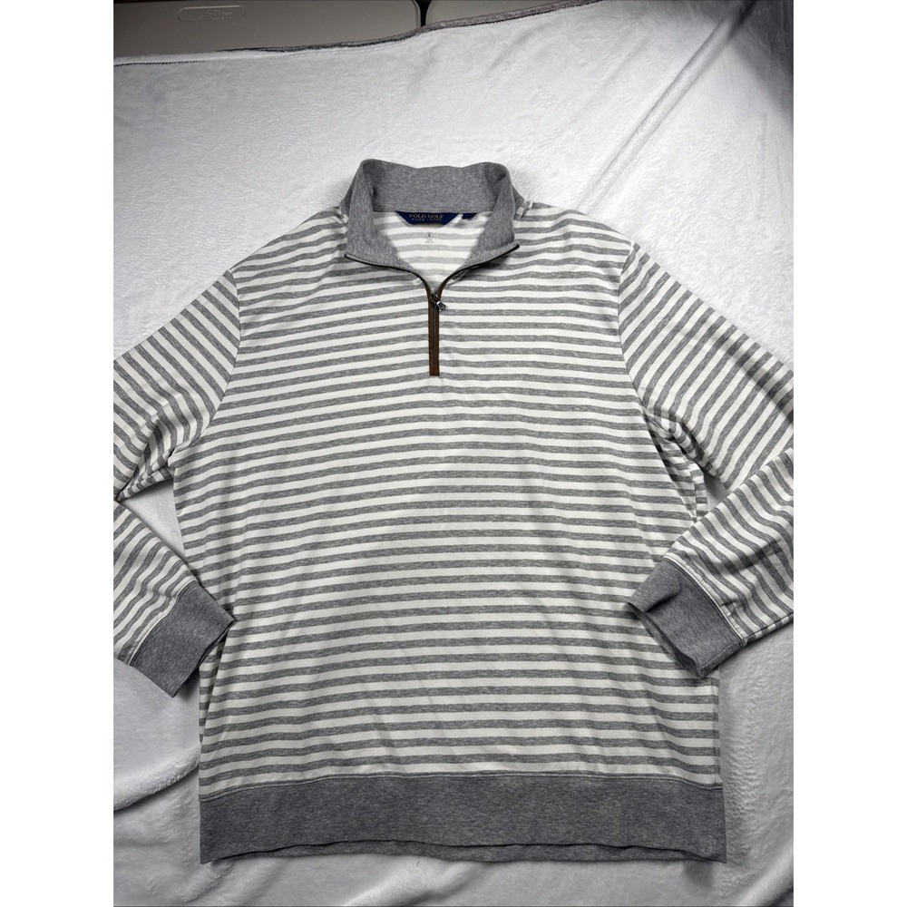 Polo Golf Ralph Lauren Sweater Men XL Gray White Striped 1/4 Zip Mock Neck